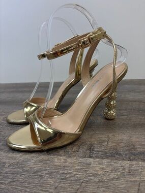 Fashion Nova Embrey Rhinestone Heel Sandals Gold Ankle Strap Statement Heels 7